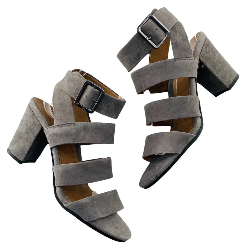 NEW Vionic Blaire Gray Suede Leather Peep Toe Block Heel Sandals - Picture 12 of 13